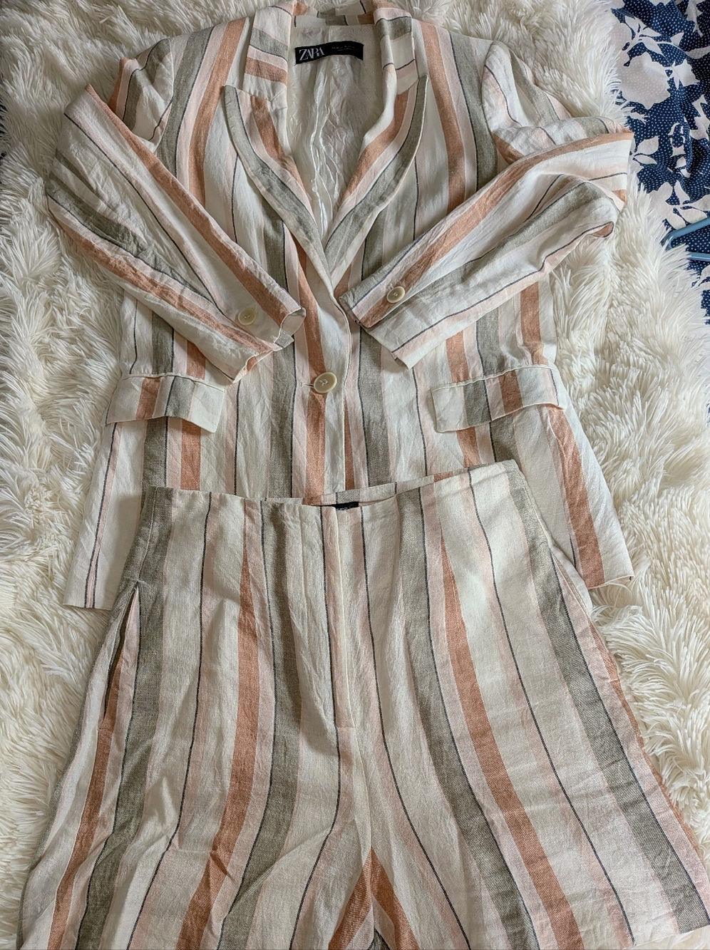 Zara Striped Linen-Blend Blazer & Shorts Set in Cream, Peach & Olive XS/M